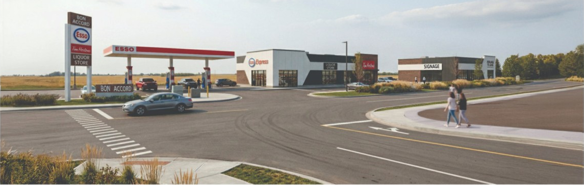 Street view rendering of Bon Accord Crossing showing Esso, Tim Hortons, Bon Accord Liquor and the commercial development