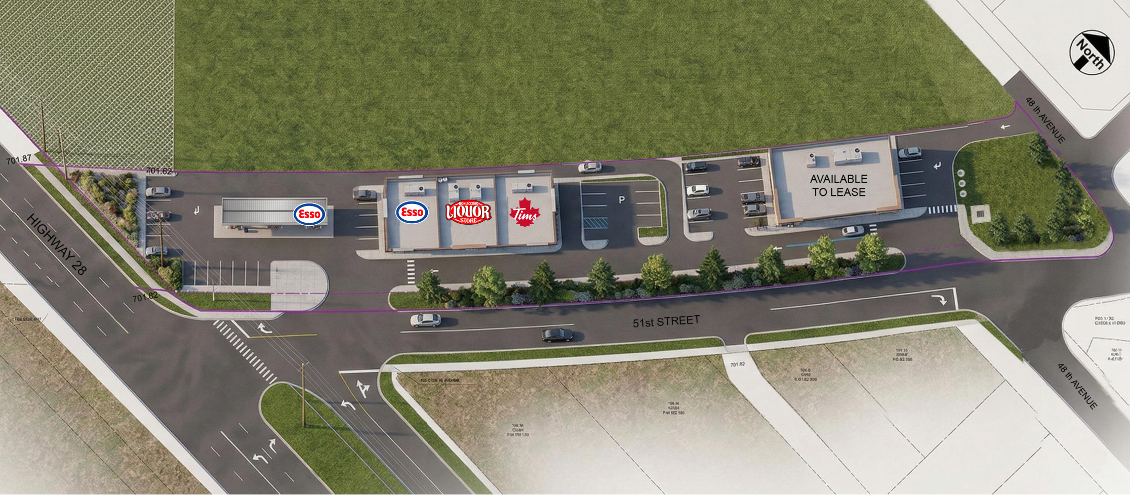 Overhead site plan of Bon Accord Crossing showing Esso, Bon Accord Liquor, Tim Hortons, parking, and the available Building Two
